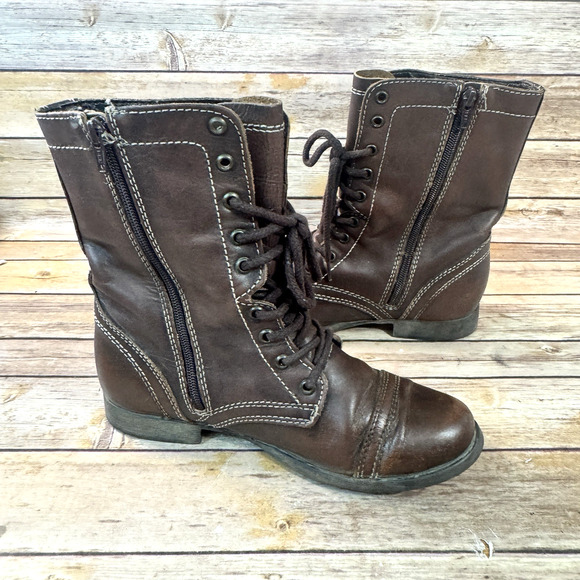 Steve Madden Womens Brown Leather Cap Toe Combat Troopa Boots 8.5M - Picture 5 of 8